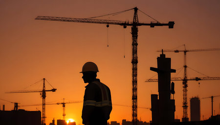 Silhouette of engineer working on construction site with building background.