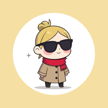 A cute cartoon character with black hair wearing sunglasses , a red scarf, and a beige coat. Vector illustration in cartoon styleのイラスト素材