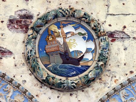 Fragment of the Historical Childs Restaurant Building in Coney Island,The Golden Hine (featured on the post card), the Flagship of Queen Elizabeths Fleet.の写真素材