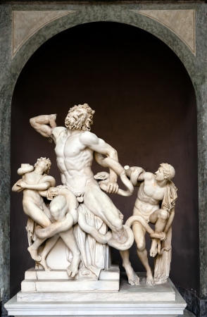 The statue of Laocoon and His Sons is attributed by the Roman author Pliny the Elder to three sculptors from the island of Rhodes  Agesander, Athenodoros and Polydorus  It shows the Trojan priest Laoco and his sons Antiphantes and Thymbraeus being stranglの写真素材
