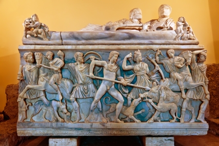 Sarcophagus with the Calydonian boar hunt made of Proconnesian marble  At the center of the scene Meleager hunts the Calydonian boar before Artemis, the goddes of hunting  On the lid, a reclining couple  their heads are left unfinished の写真素材