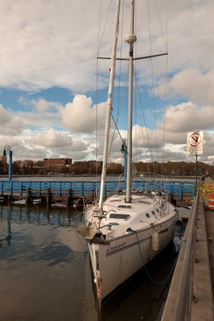 The damaged yacht in the aftermath of the Superstorm Sandy on October 30, 2012 in the Sheepshead Bay, Brooklyn, New York, USA.のeditorial素材