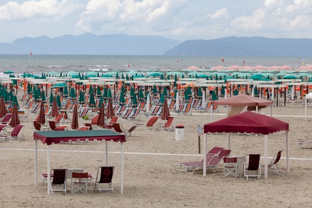 Opulent Tuscany beach with luxurious equipment on June 26, 2014 in Marina Di Pietrasanta, Italyのeditorial素材