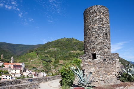 The ancient Doria castle is perched on the hilltop overlooking the town of Vernazza, Italyのeditorial素材
