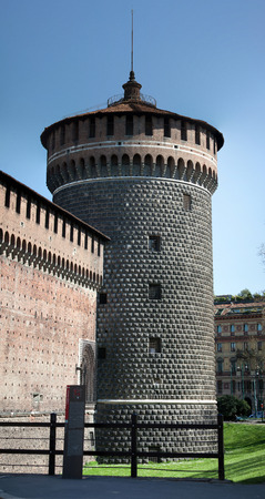 Torre del Carmine of the Castello Sforzesco in Milan is one of the round towers at the main facade facing the cityのeditorial素材