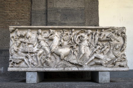 Ancient Roman sarcophagus on display in the Naples National Archaeological Museum. Elaborately carved sarcophagi were characteristic from the 2nd to the 4th centuries ADのeditorial素材