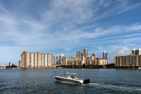 SUNNY ISLES BEACH, FL - JANUARY 1 2016: View of the Dumfoundling Bay containing some of the most...