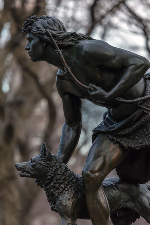 NEW YORK - MARCH 12 2016: The Indian Hunter sculpture, dedicated in 1869 was the first sculpture in Central Park created by an American artist, John Quincy Adams Wardのeditorial素材