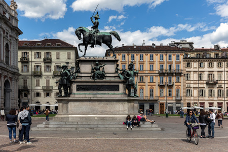 TURIN, ITALY - APRIL 24 2016: Equestrian monument to the king Charles Albert of Sardinia in Piazza Carlo Alberto in Turin was sculpted by Carlo Marochetti in 1861.のeditorial素材