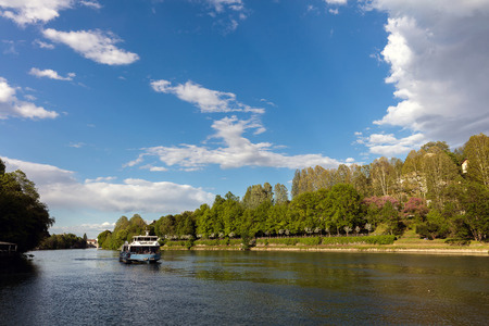 TURIN, ITALY - APRIL 24 2016: The Po river flows eastward across northern Italy through many important Italian cities, including Turin, Piacenza and Ferrara.の写真素材