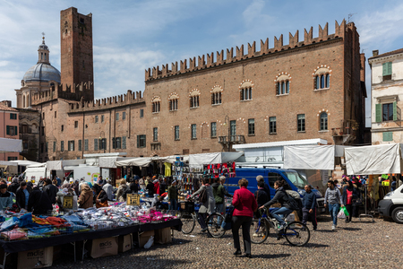 MANTUA, ITALY - APRIL 28 2016: Flea market in the historical center (old town) of Mantua, a UNESCO World Heritage Site since 2007.のeditorial素材