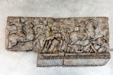 MANTUA, ITALY - APRIL 28 2016: Battle between Greeks and Amazons on the fragment of an ancient Roman Sarcophagus in the Mantua's Ducal Palace museumのeditorial素材