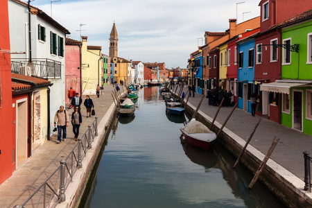 BURANO, ITALY - APRIL 30 2016: The Venetian island of Burano may well be the most colorful town in the world, with no two houses next to each other painted the same color.のeditorial素材