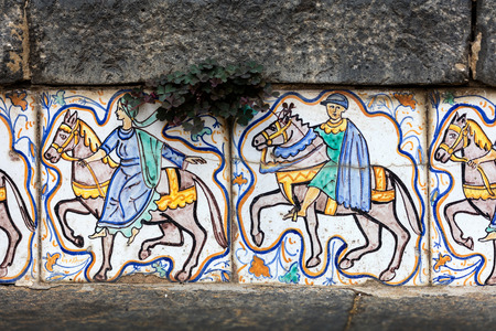 Details of the hand-decorated ceramic tiles of the 18th century Staircase of Santa Maria del Monte, main landmark of Caltagirone, Sicily. The town is famous for it's maiolica and terra-cotta wares.のeditorial素材