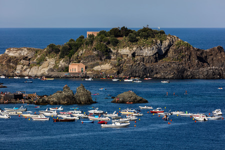 One of the biggest attraction around Aci Castello is the Cyclops archipelago with its odd concentration of huge volcanic rocks in the Aci Trezza bay.のeditorial素材