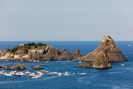 One of the biggest attraction around Aci Castello is the Cyclops archipelago with its odd concentration of huge volcanic rocks in the Aci Trezza bay.のeditorial素材