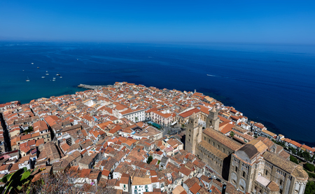 View of the town of Cefalu, Sicily, Italy from the La Rocca hilltopの写真素材