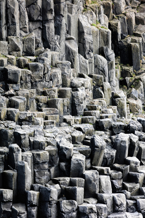 Rock formations on the Reynisfjall mountain, located on the Reynisfjoru beach, near the village of...
