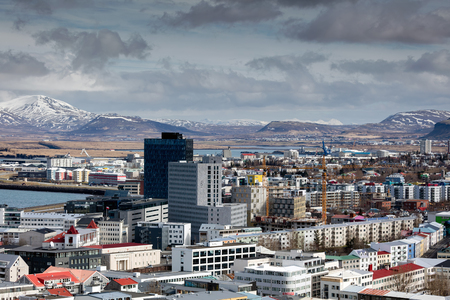 View of Reykjavik, the capital and largest city of Iceland. The city was founded in 1786 as an official trading town and grew steadily over the next decades.のeditorial素材