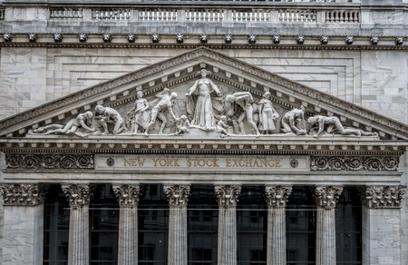 Closeup of the limestone pediment on the facade of the world famous New York Stock Exchange building on Wall Street, sculpted by John Quincy Adams Ward in 1904の写真素材