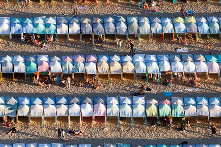Praia da Nazare beach, covered with the summertime beach tents.のeditorial素材