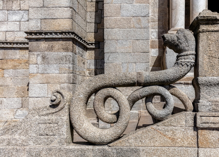Medieval stone snake balustrade of the Porto cathedral in Porto, Portugalの写真素材