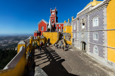 The Arches Yard, chapel and clock tower of the Pena Palace, a Romanticist castle, a UNESCO World Heritage Site and one of the Seven Wonders of Portugal.のeditorial素材