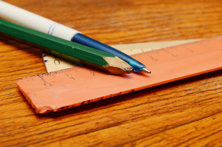 Pencil, pen, rulers at office deskの写真素材