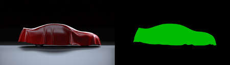 3D rendering. The sedan-type car is covered in red cloth on a black background