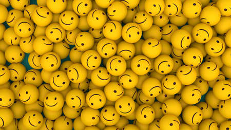 3d rendering of wallpaper. Top view of pile of happy yellow plastic ballsの写真素材