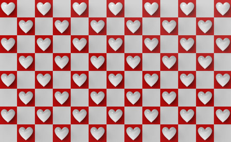 3D rendering of wallpaper and texture. Top view pattern of heap of white glossy hearts on red squares in chess orderの写真素材