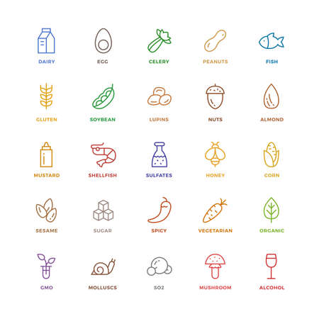 25 basic colorful allergens and diet line icons set. Isolated on white background.のイラスト素材