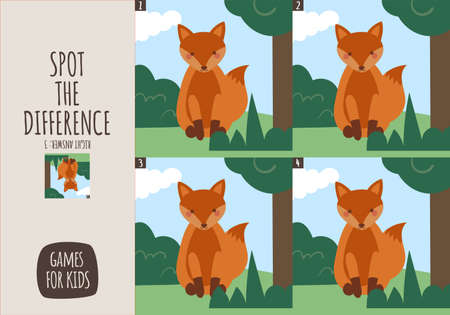 Vector cartoon style illustration of games for kids. Find differences visual educational game for children. Forest animals set.のイラスト素材