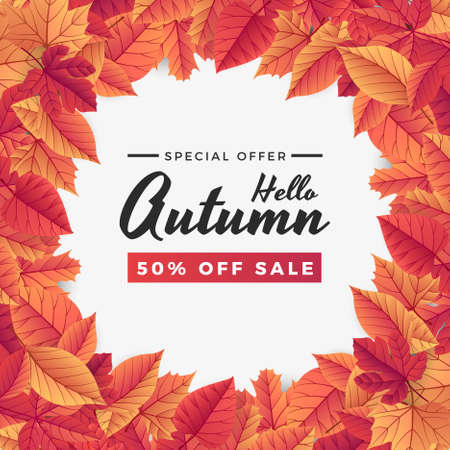 Autumn sale background template with lettering. Bright fall leaves. Poster, card, label, banner design. Ideal for shopping sale. Bright natural background. Vector illustration.