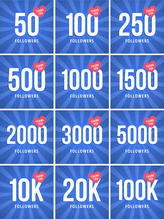 Social media banner with thank you for 50â€“100K followers. Blue card with Thank you celebrate...