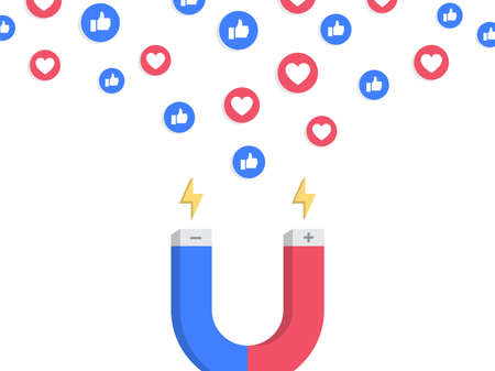 The power of marketing in social media - like and love pictograms, that drags customer with magnetic field in one simple illustration.のイラスト素材