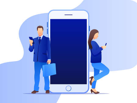 Two businessmen leaning on a giant cellphone with mobile app. Social media marketing concept. Flat style design with gradient. Modern vector.のイラスト素材