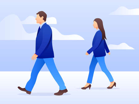 Vector set of walking and standing business characters. International business team. Simple flat design in blue colors.のイラスト素材