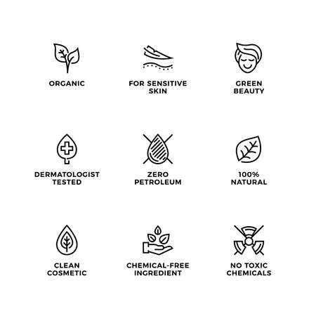 Vector set of design elements, logo design template, icons and badges for natural and organic cosmetic. Line icon set, editable stroke.のイラスト素材