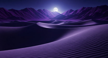 Full Moon Rising Over a Purple Desert Mountain and Dune Landscapeの素材