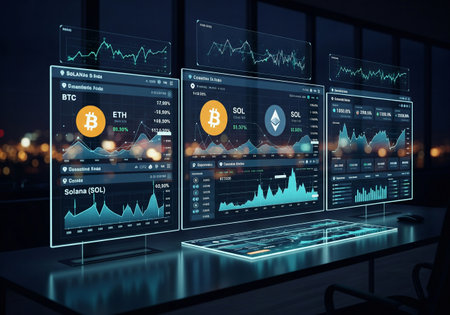 Cryptocurrency Trading Data and Financial Charts on Multiple Computer Monitorsの素材