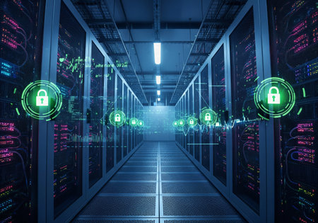 Secured Data Center with Green Lock Icons and Server Racksの素材