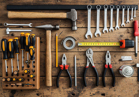 A set of tools on a wooden background. Flat lay, top view.の素材