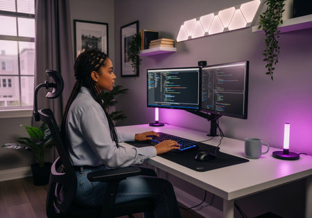 Female Developer Working in a Stylish Home Office with Purple Lightingの素材