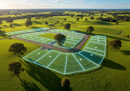 Aerial view of a football field in the countryside during sunset.の素材