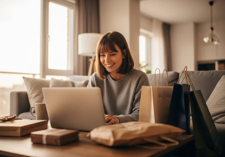 Woman smiling while online shopping on a laptop surrounded by shopping bagsの素材