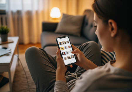 Woman relaxing on sofa and Browse content on her smartphoneの素材