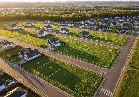 Aerial view of a football field in a small town in Polandの素材
