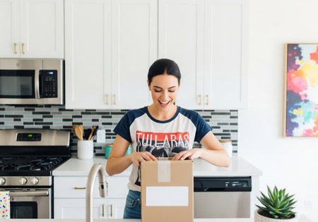 Happy woman opening a cardboard delivery box in a bright kitchenの素材