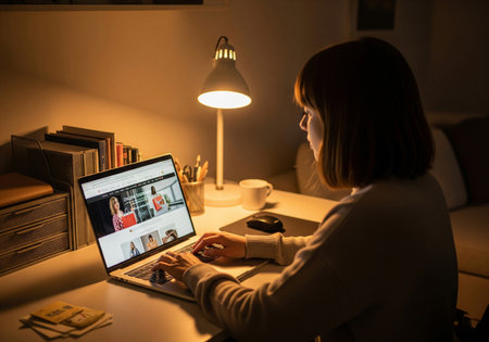 Woman typing on a laptop with an online shopping website at nightの素材